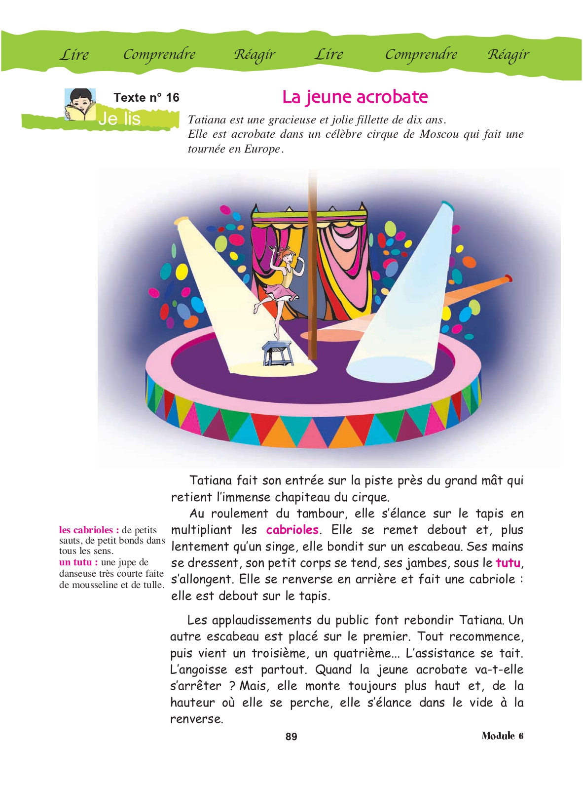 Manuel de français, page 89 : texte « La jeune acrobate », une fillette en tutu qui fait des cabrioles sur la piste d'un cirque
